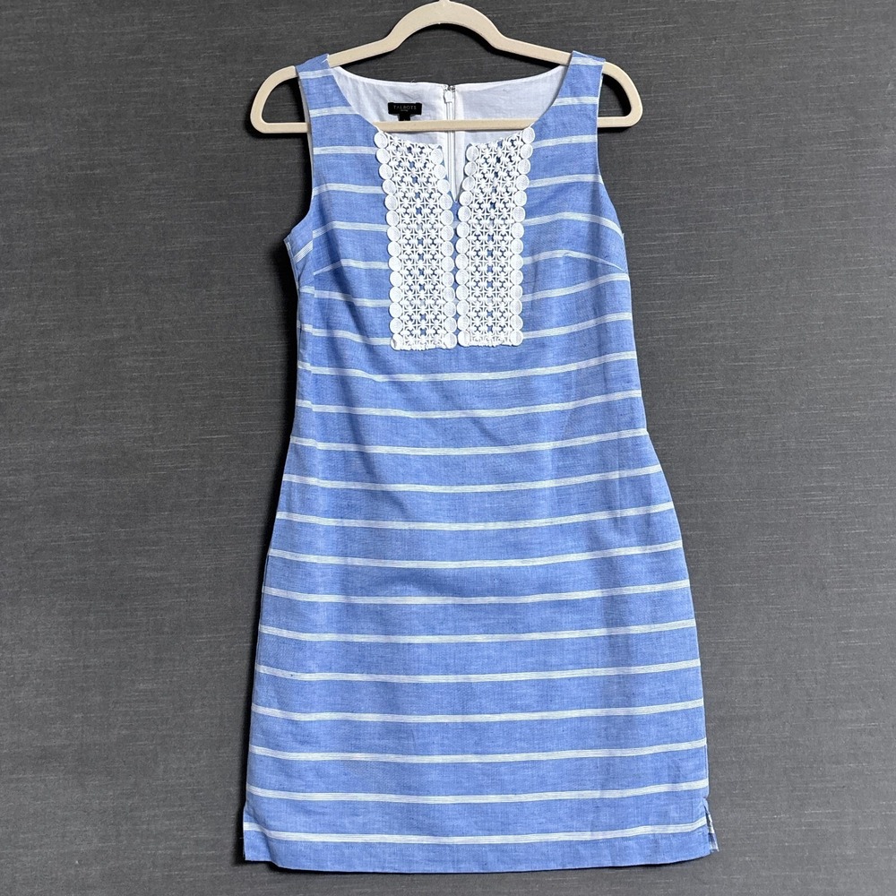 Talbots Dress 4 Petite Blue White Striped Linen Blend Preppy Nautical Coastal